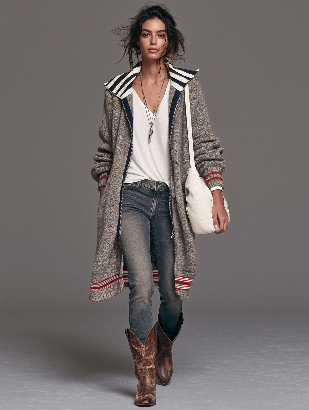 Women's Vintage Color-Block Striped Zip-Up Cardigan