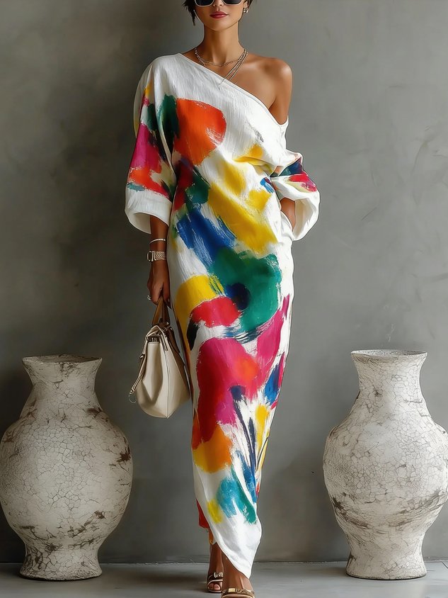 Shelley™ | One-Shoulder Abstract Print Maxi Dress