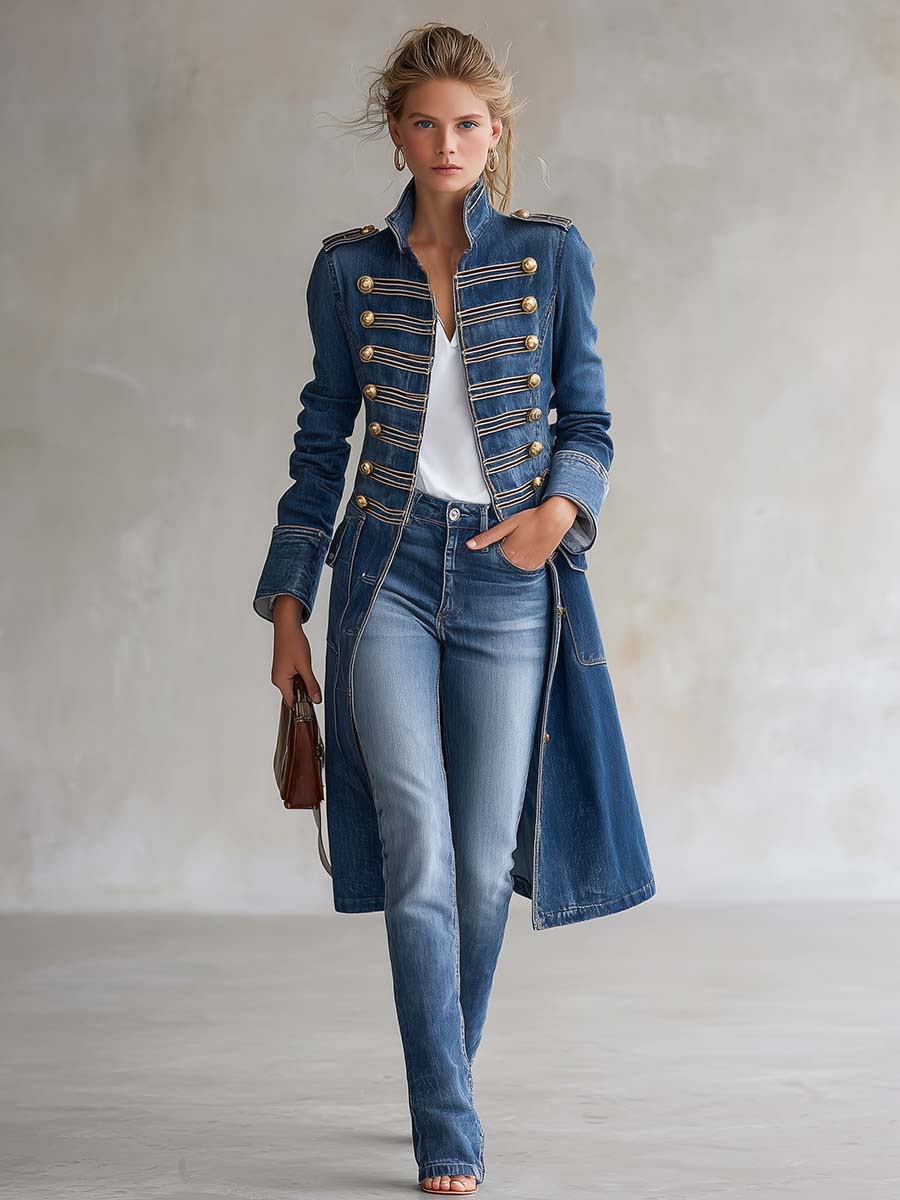 Women's Long Fitted Military-Style Denim Coat with Gold Buttons