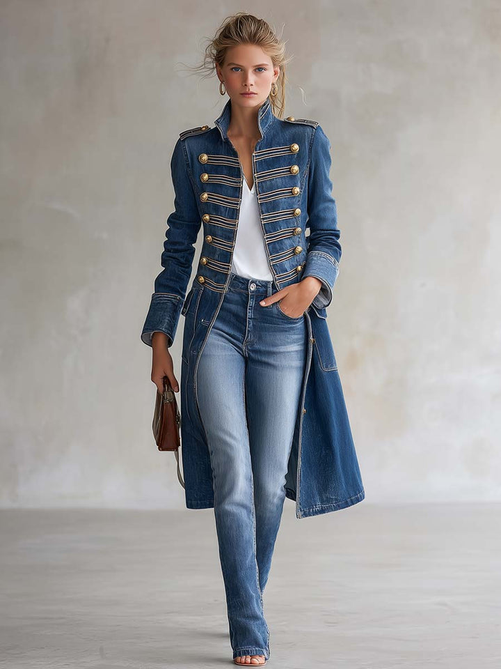 Women's Long Fitted Military-Style Denim Coat with Gold Buttons