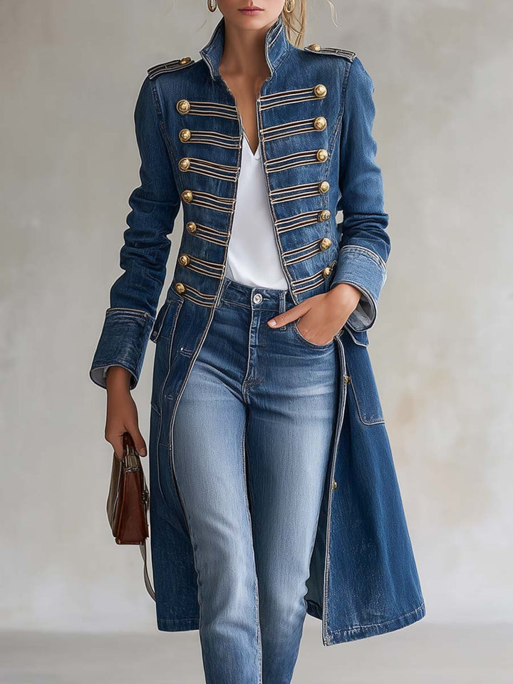 Women's Long Fitted Military-Style Denim Coat with Gold Buttons