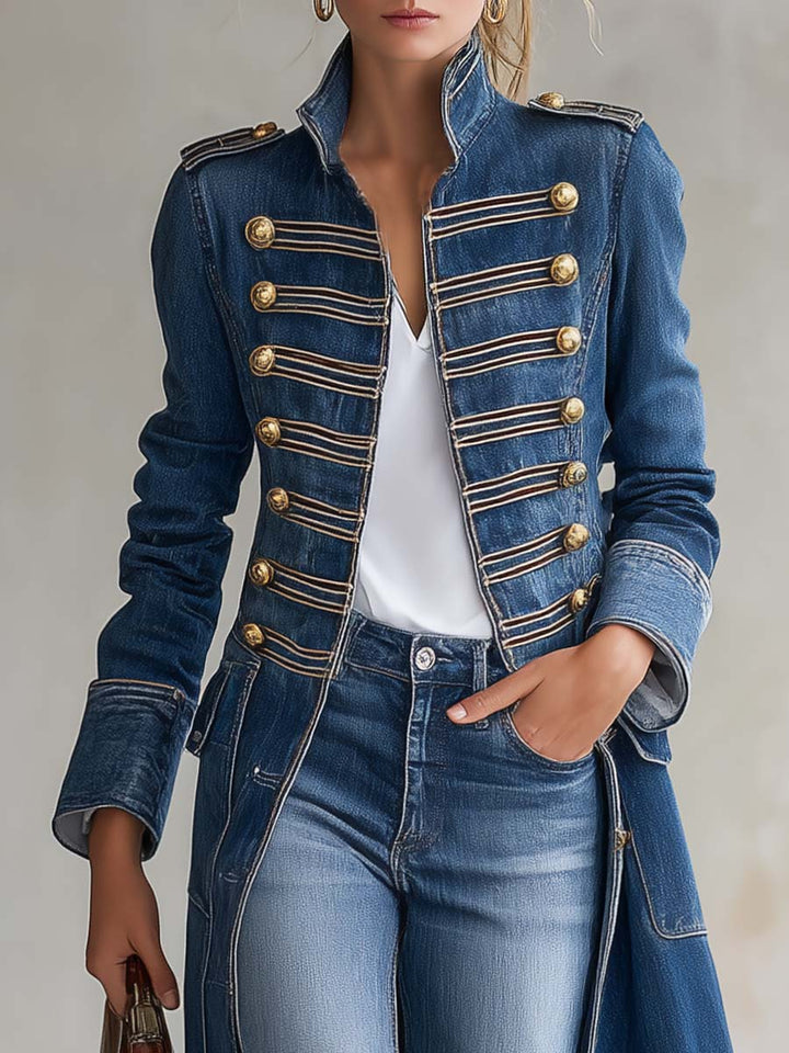 Women's Long Fitted Military-Style Denim Coat with Gold Buttons