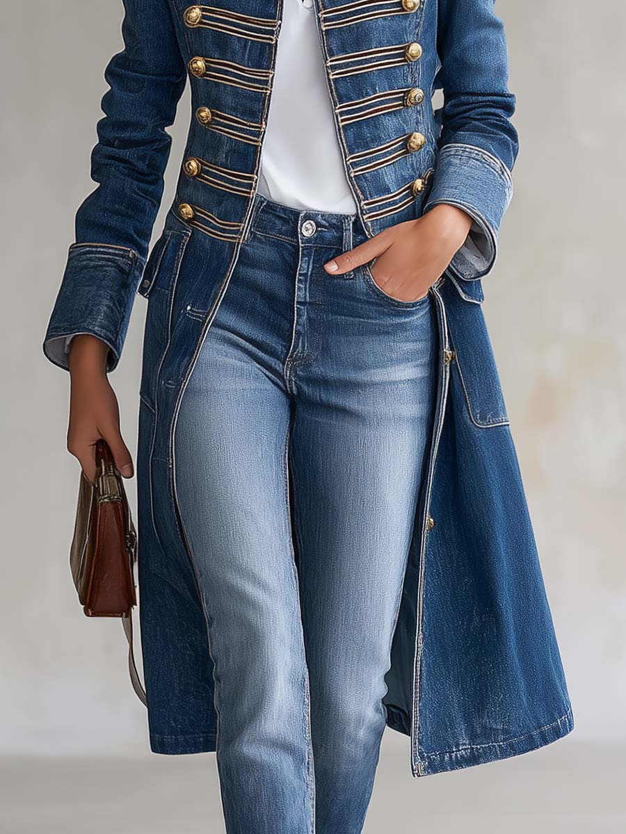 Women's Long Fitted Military-Style Denim Coat with Gold Buttons