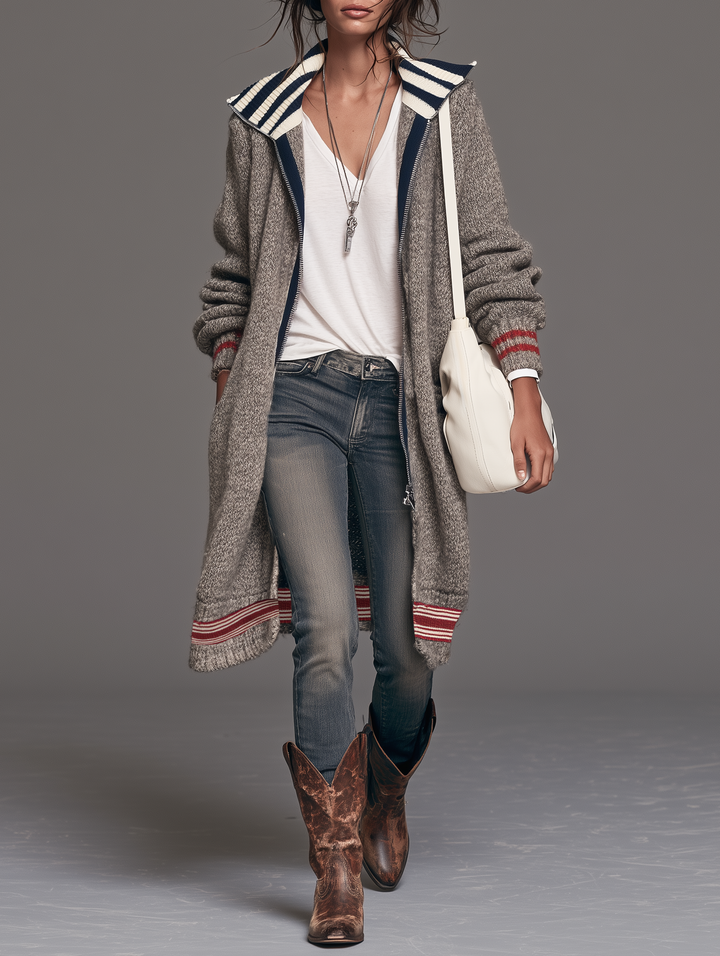 Women's Vintage Color-Block Striped Zip-Up Cardigan