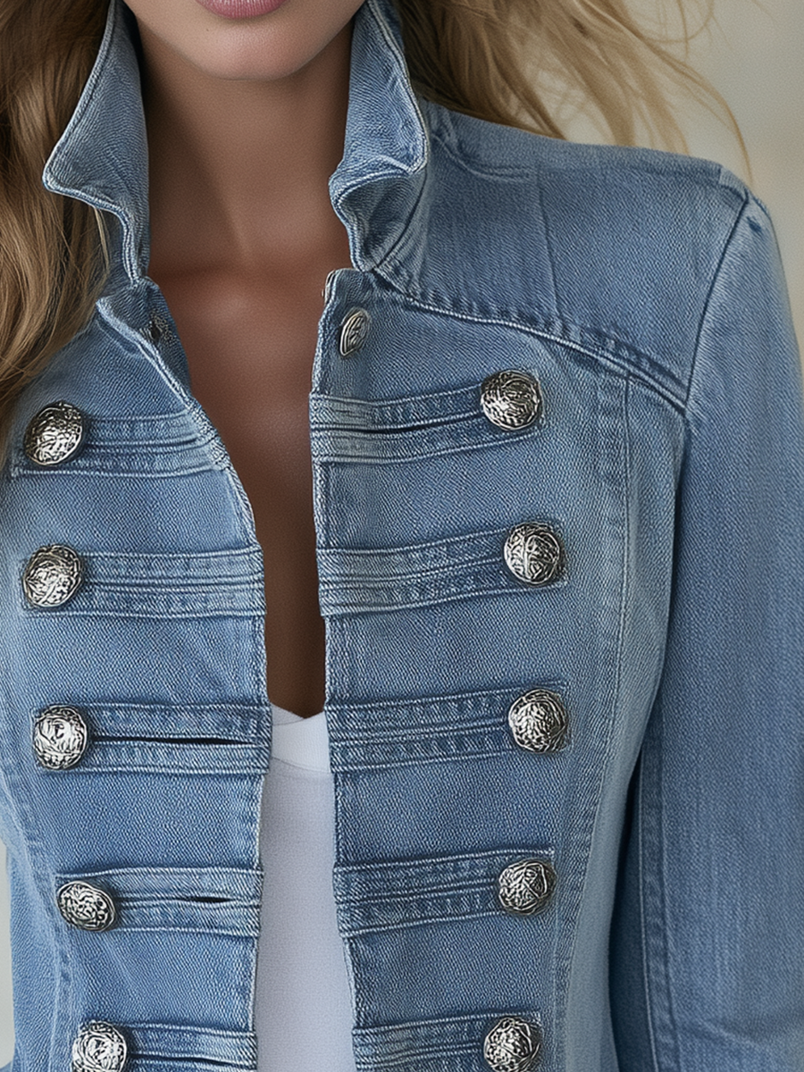 Blue Military-Style Double-Breasted Denim Coat