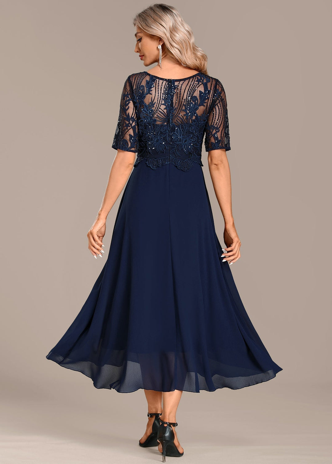 Sophie | Navy Lace Short Sleeve Round Neck Midi Dress