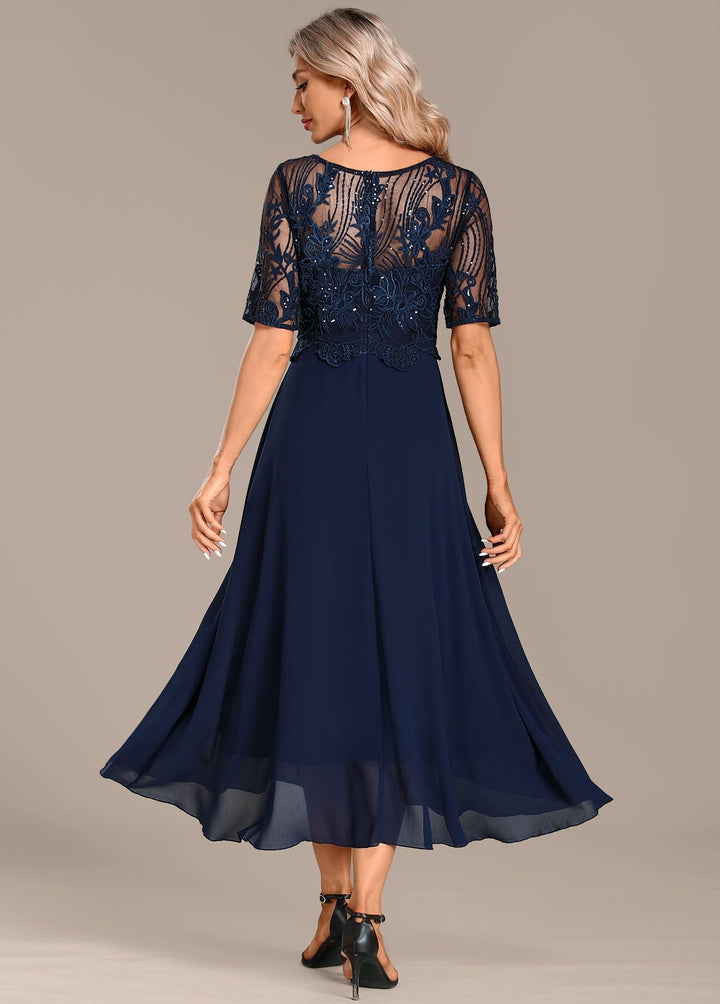 Sophie | Navy Lace Short Sleeve Round Neck Midi Dress