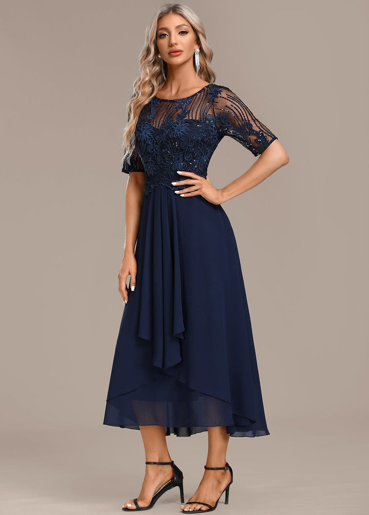 Sophie | Navy Lace Short Sleeve Round Neck Midi Dress