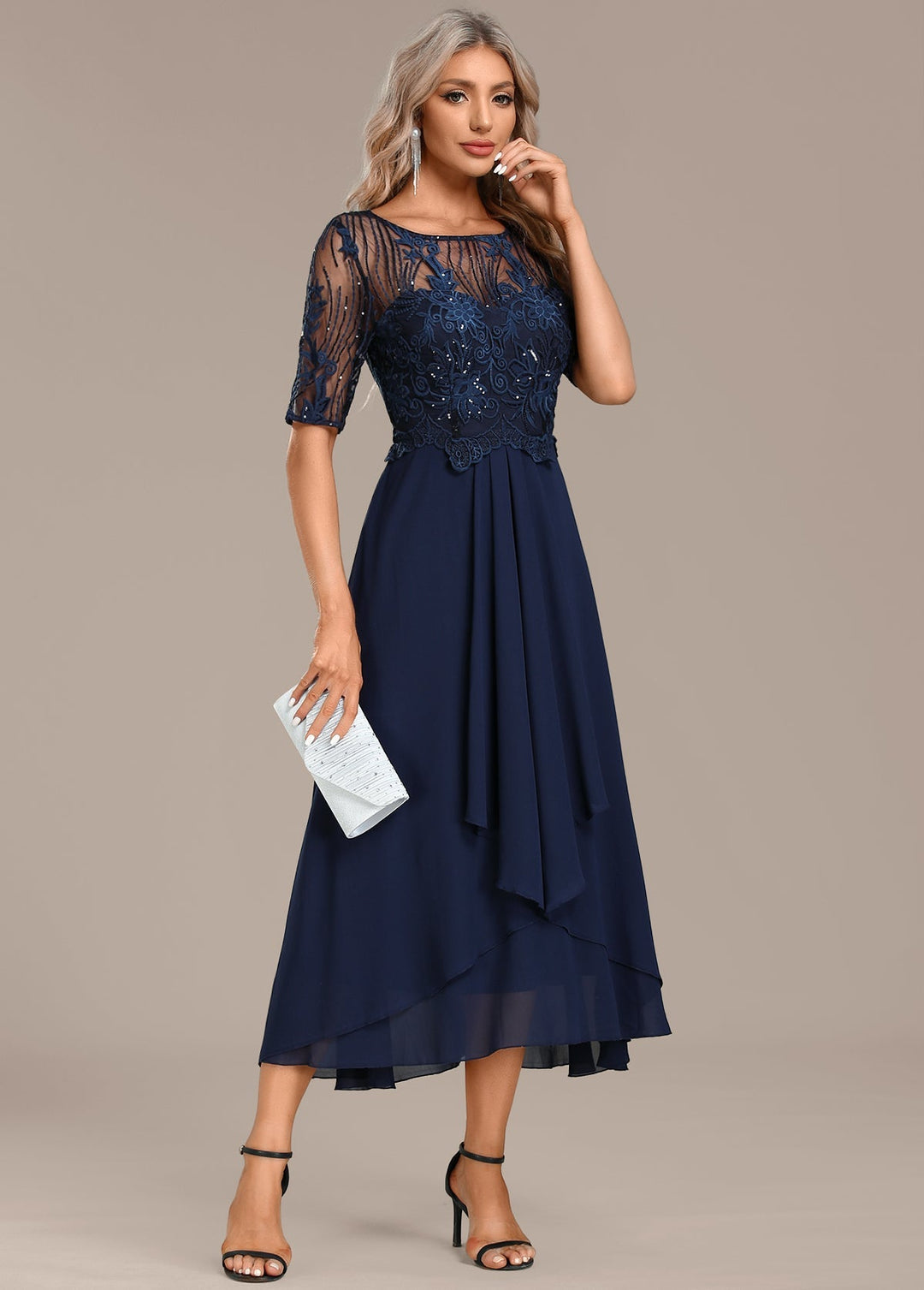 Sophie | Navy Lace Short Sleeve Round Neck Midi Dress