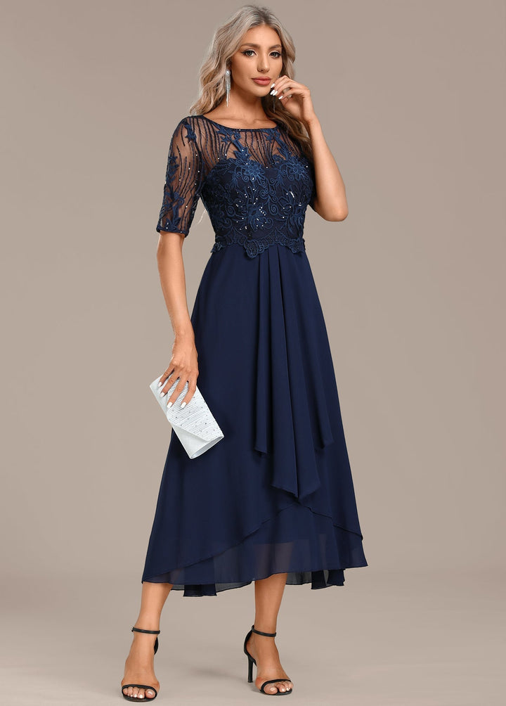 Sophie | Navy Lace Short Sleeve Round Neck Midi Dress