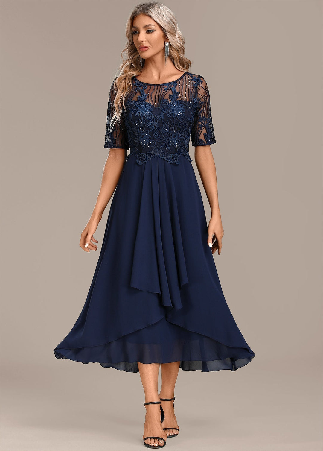 Sophie | Navy Lace Short Sleeve Round Neck Midi Dress
