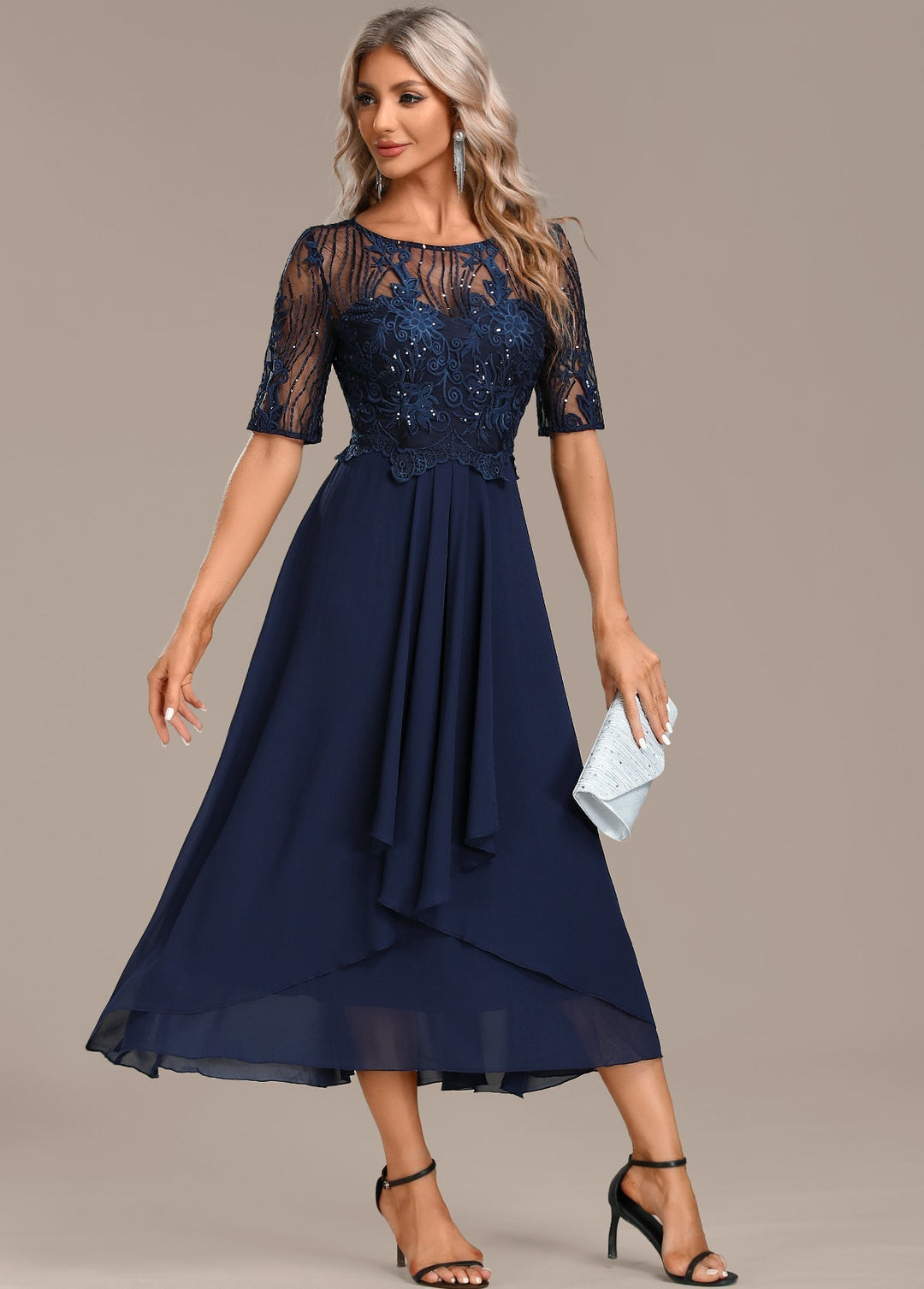Sophie | Navy Lace Short Sleeve Round Neck Midi Dress