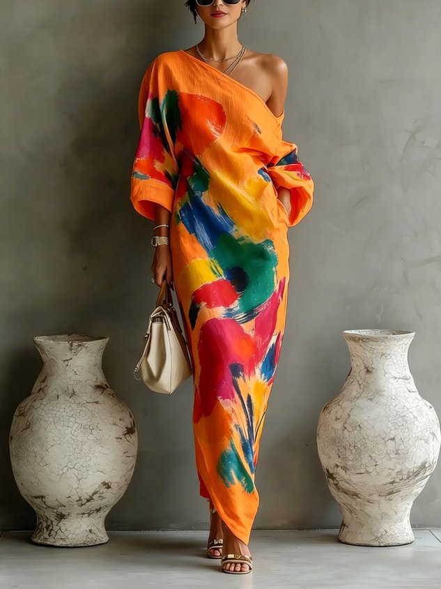 Shelley™ | One-Shoulder Abstract Print Maxi Dress