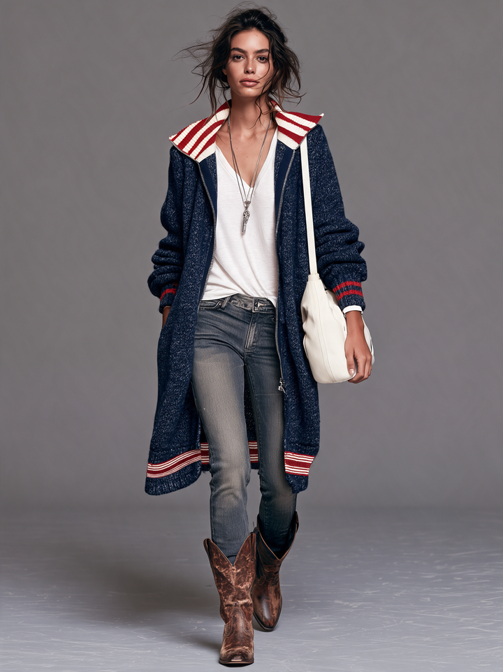 Women's Vintage Color-Block Striped Zip-Up Cardigan