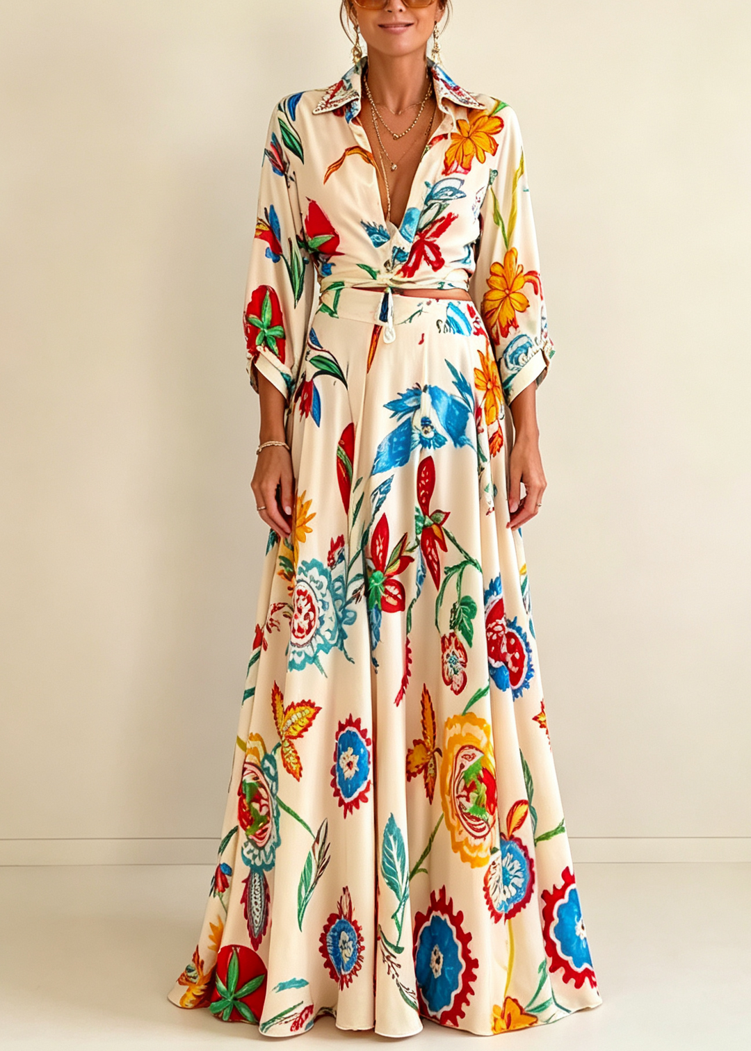 Rachel™ | Tropical Floral Waist Tie Shirt & Maxi Skirt Set