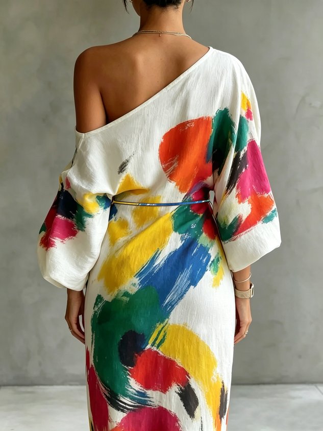 Shelley™ | One-Shoulder Abstract Print Maxi Dress