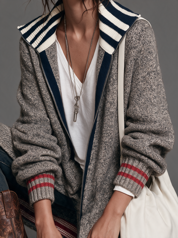 Women's Vintage Color-Block Striped Zip-Up Cardigan