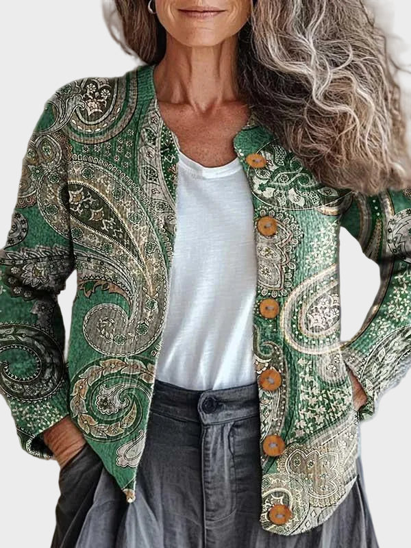 Elena™ | Vintage Paisley Print Button-Up Cardigan