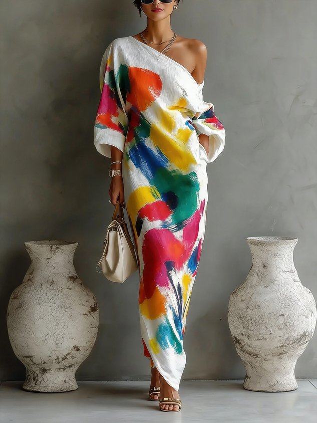 Shelley™ | One-Shoulder Abstract Print Maxi Dress