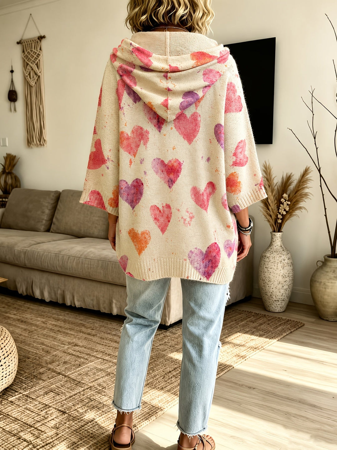 Daniella | Heart Print Hooded Knit Sweater