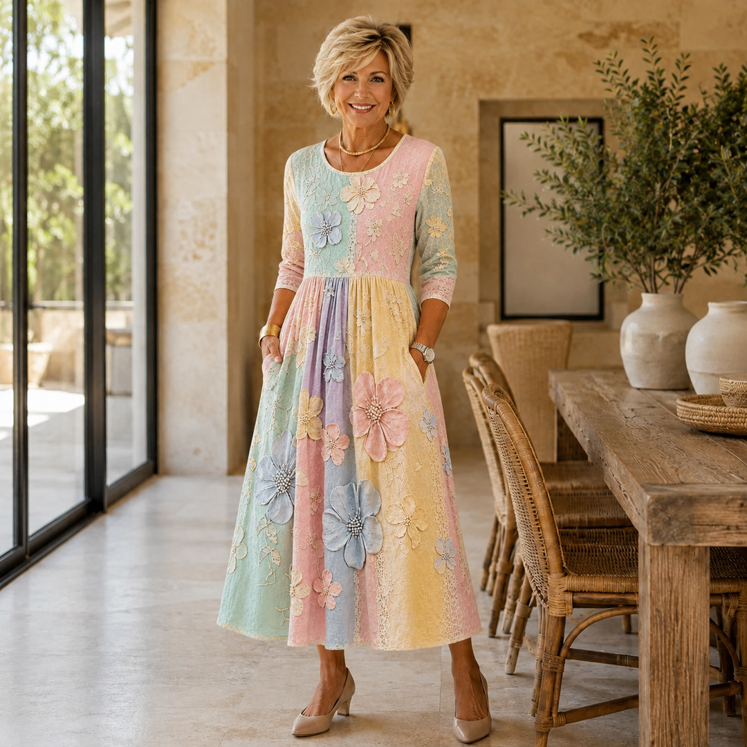 Pastel Bloom Garden Pocket Midi Dress