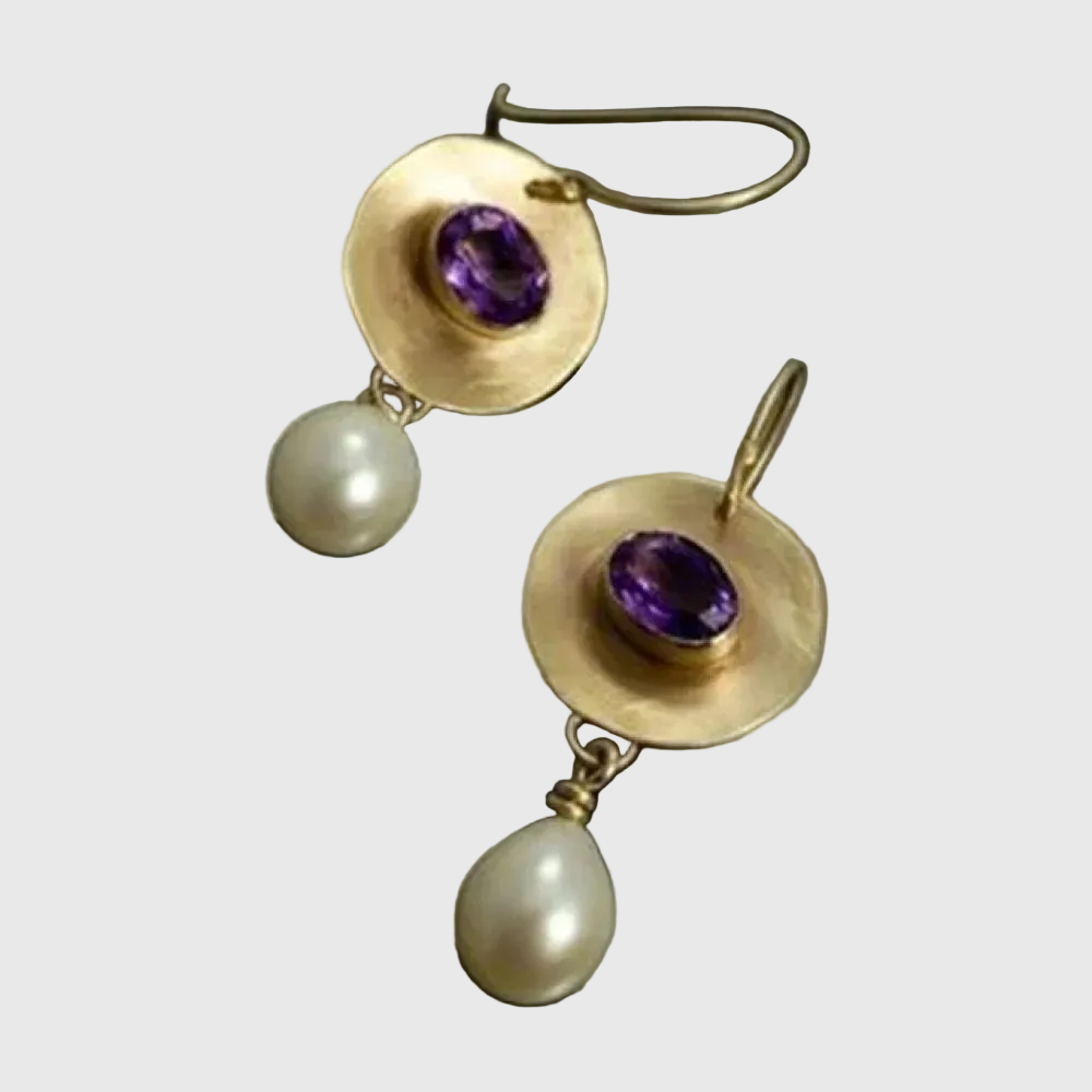 Vintage Gold Earrings with Purple Zirconia and Pearls