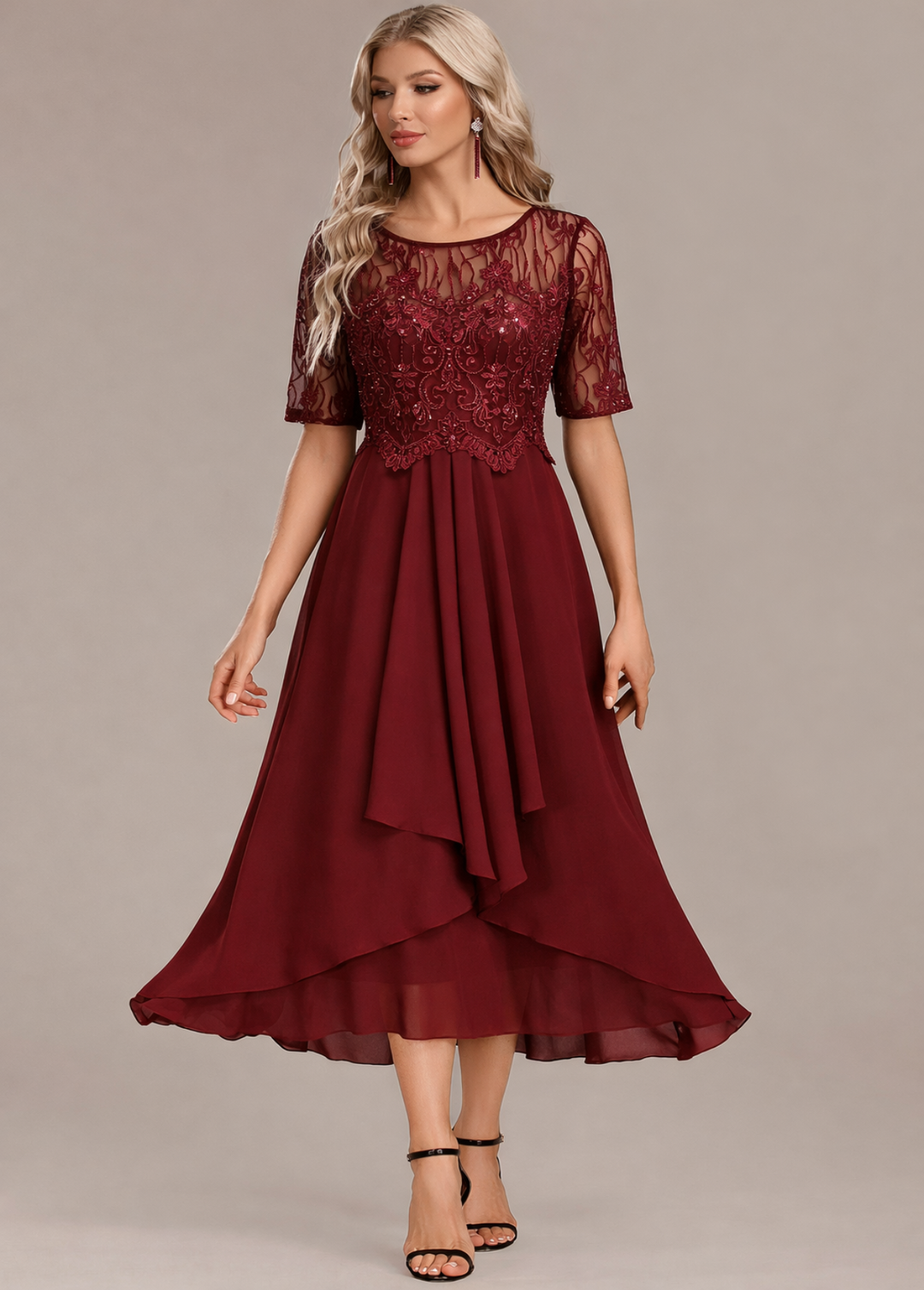 Sophie | Navy Lace Short Sleeve Round Neck Midi Dress