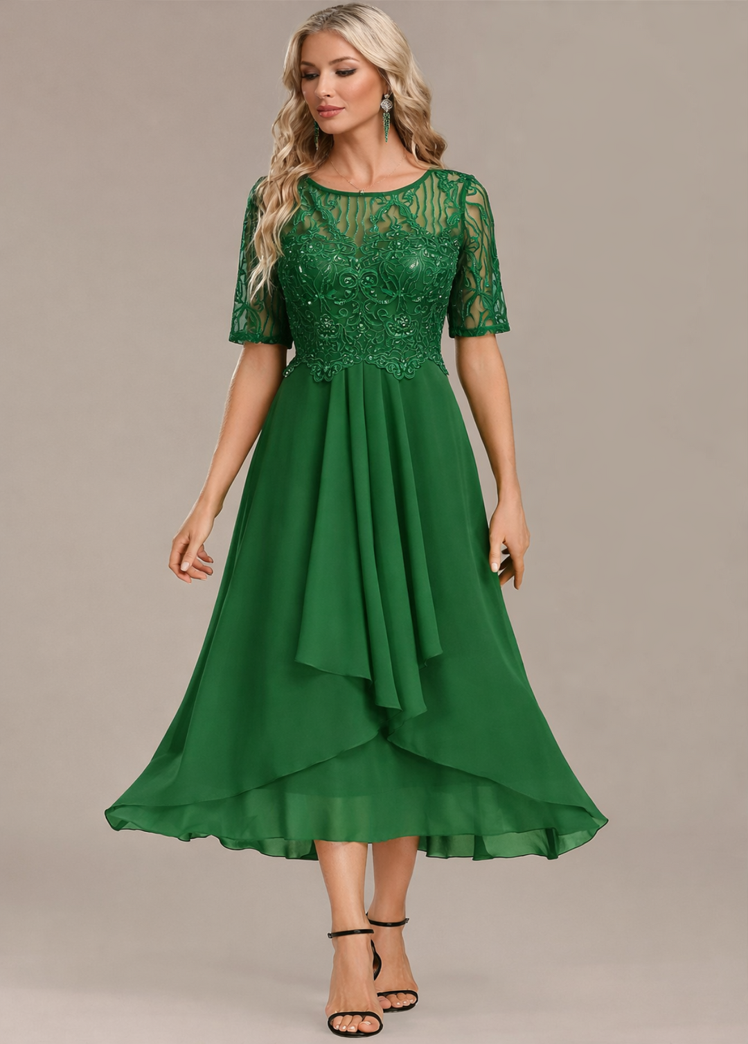 Sophie | Navy Lace Short Sleeve Round Neck Midi Dress