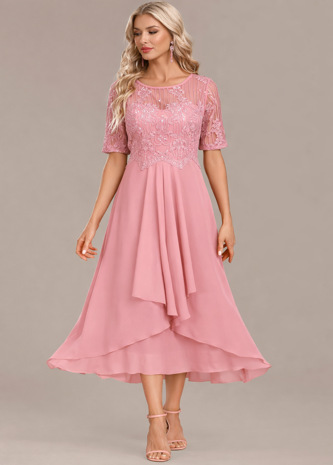 Sophie | Navy Lace Short Sleeve Round Neck Midi Dress