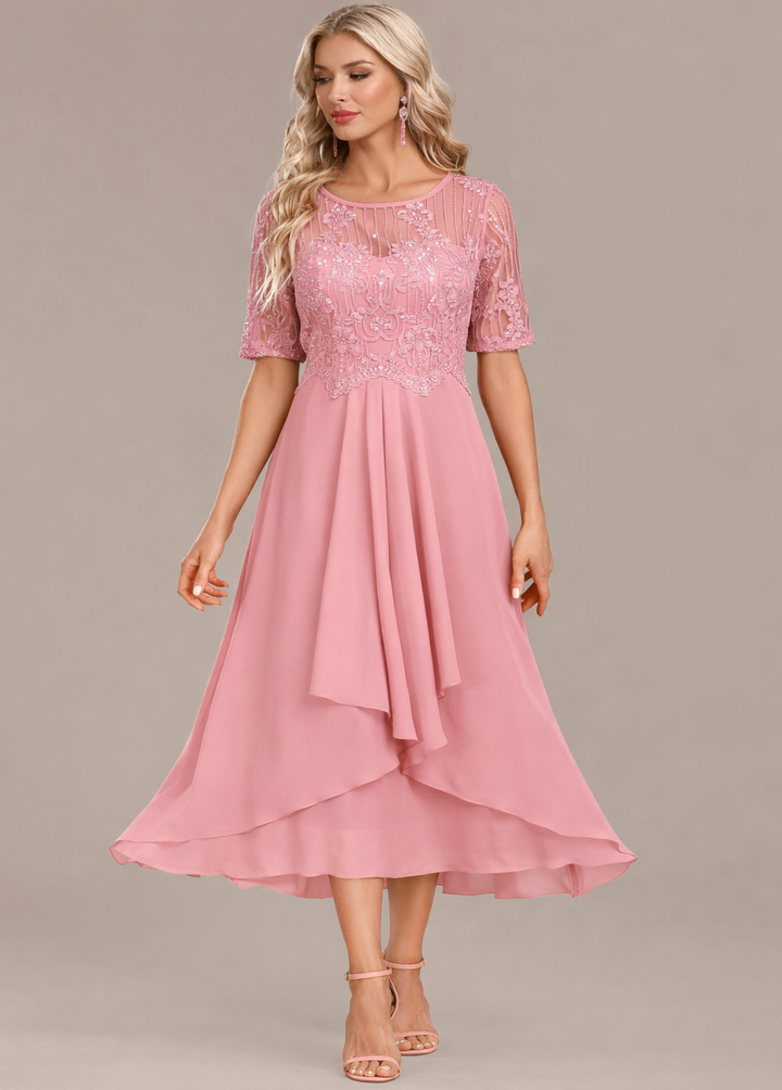Sophie | Navy Lace Short Sleeve Round Neck Midi Dress