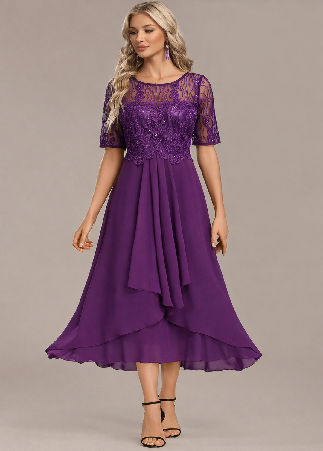 Sophie | Navy Lace Short Sleeve Round Neck Midi Dress