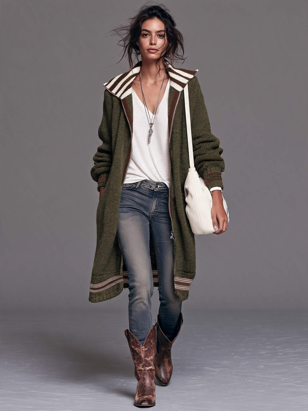 Women's Vintage Color-Block Striped Zip-Up Cardigan