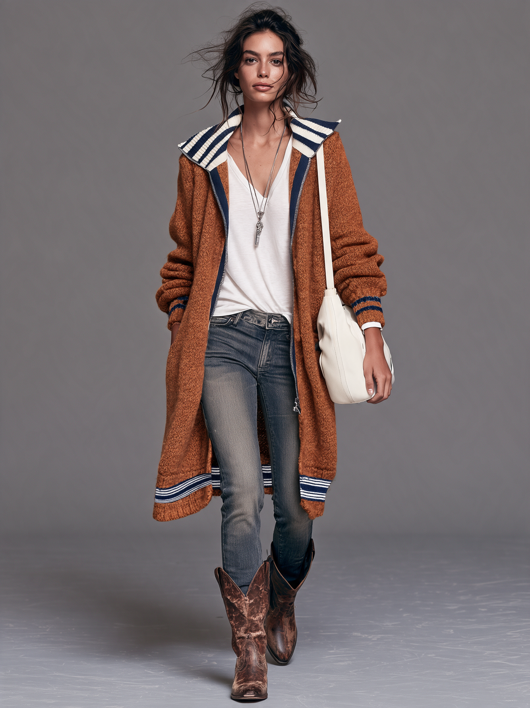 Women's Vintage Color-Block Striped Zip-Up Cardigan