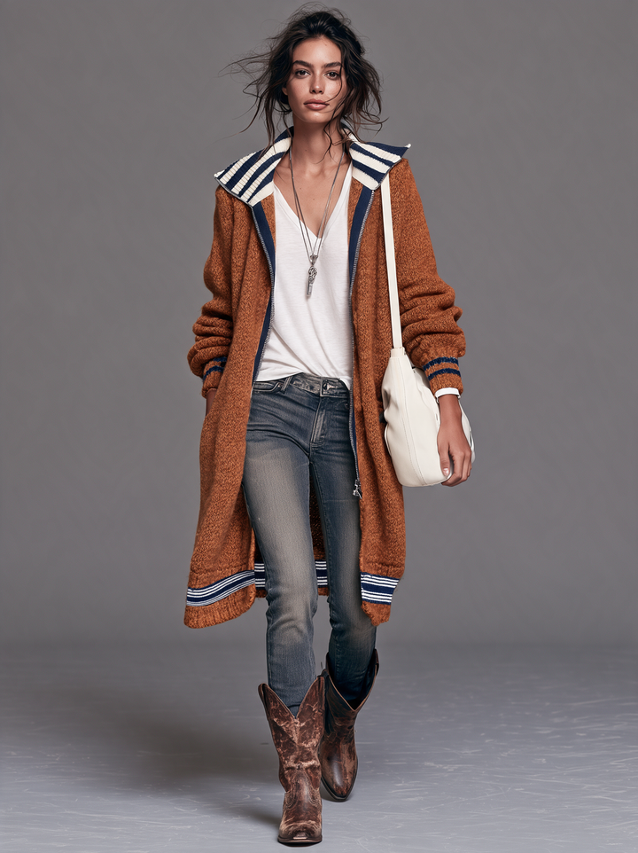 Women's Vintage Color-Block Striped Zip-Up Cardigan