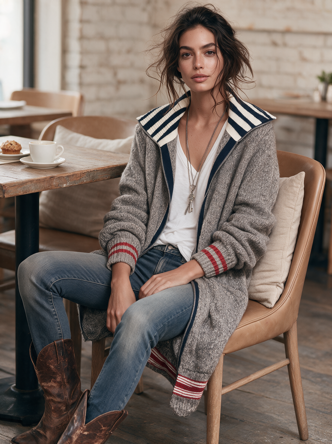 Women's Vintage Color-Block Striped Zip-Up Cardigan