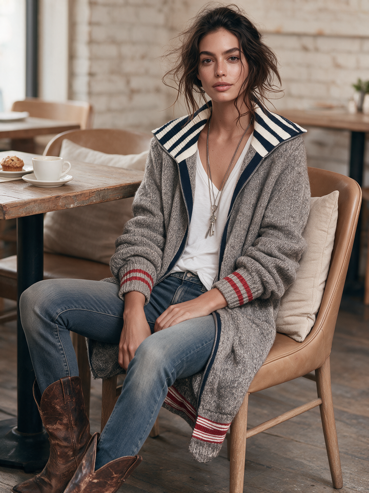 Women's Vintage Color-Block Striped Zip-Up Cardigan