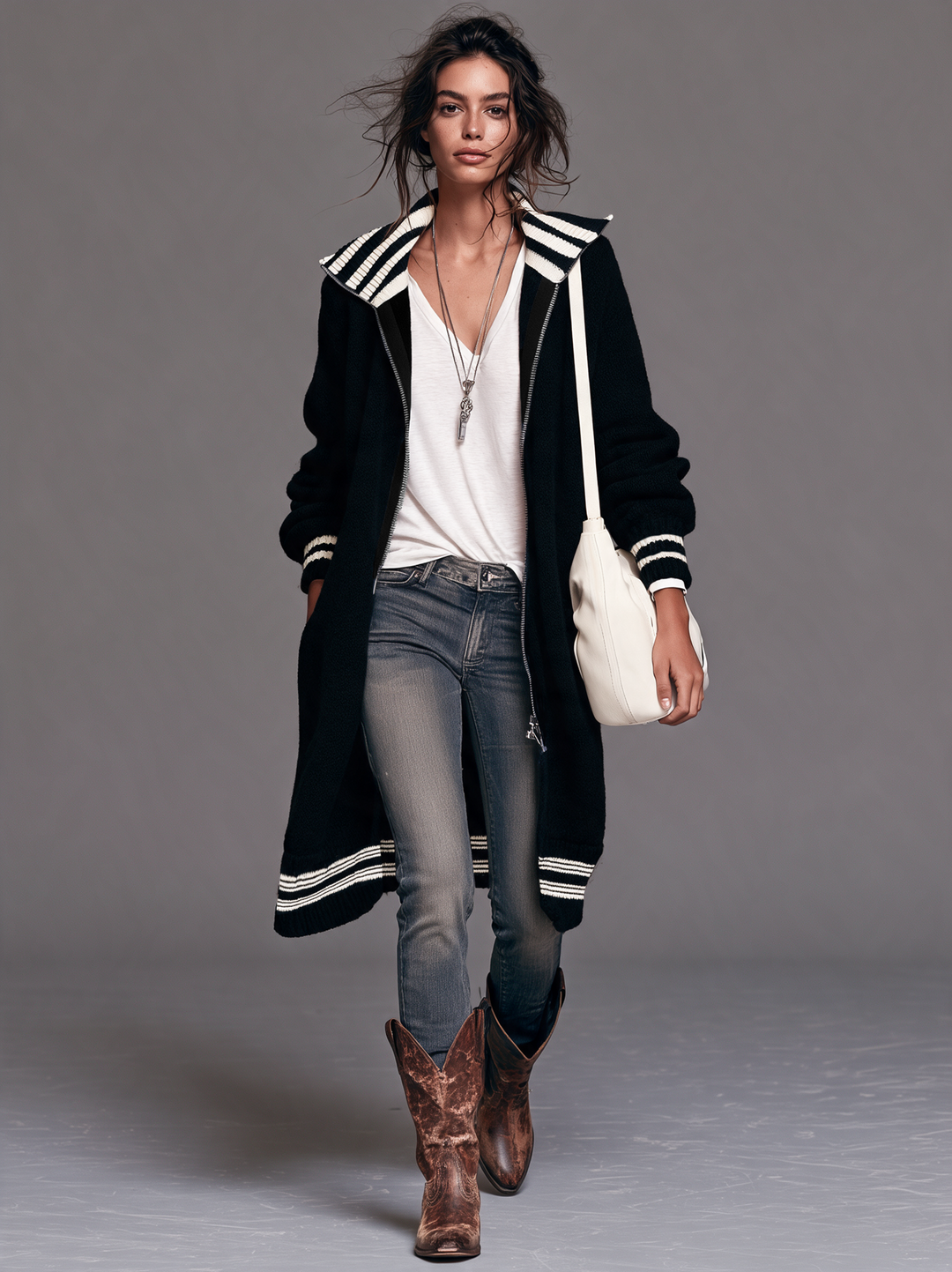 Women's Vintage Color-Block Striped Zip-Up Cardigan