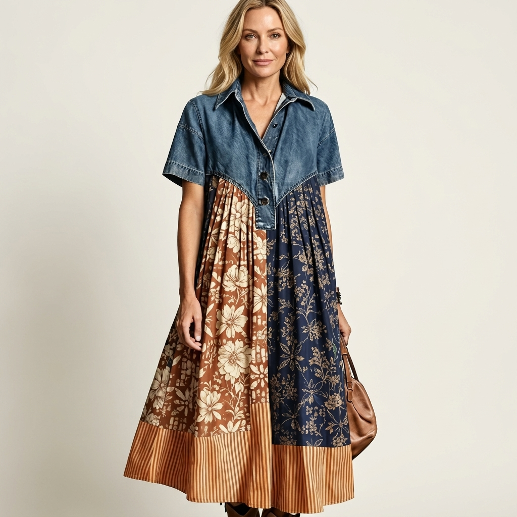 Syma | Denim Patchwork Print Maxi Dress