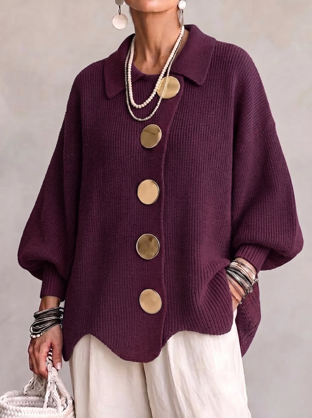 Isaline™ | Oversized Collared Cardigan With Large Metal Buttons
