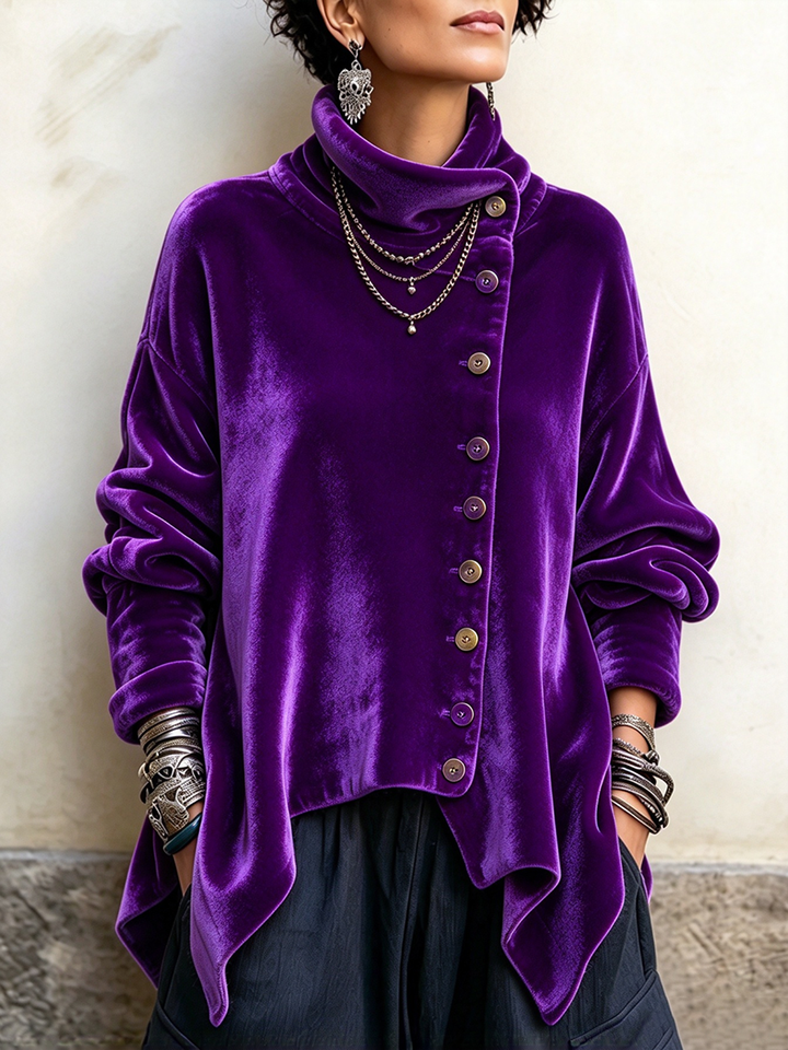Chic Velvet Asymmetric Button Turtleneck Top